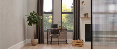 Photo for Modern room concept with chair, table, desk, fireplace and home object, room concept, window view garden and city style. - Royalty Free Image