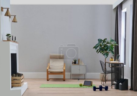 Photo for Modern room sport style, mat, dumbbell and bike. - Royalty Free Image