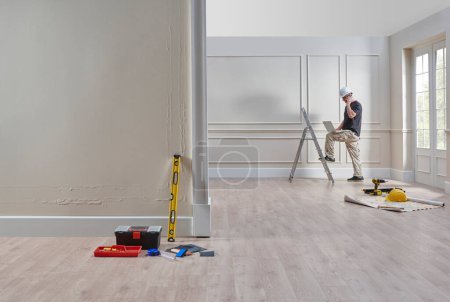 Photo for Repair man home style, building house concept, painting, interior architect. - Royalty Free Image