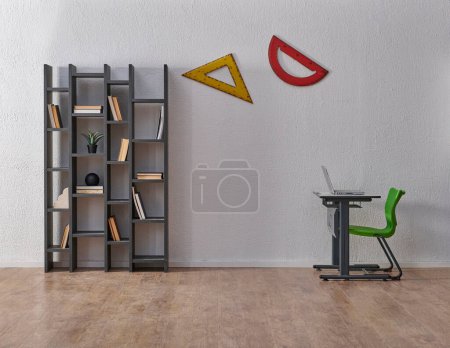 Photo for Class and furniture style desk, chair, geometric tools, Grey stone wall background, bookshelf and blackboard, school interior and start of school. - Royalty Free Image