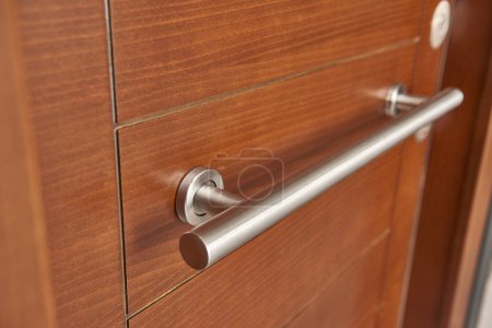 Photo for Exterior door doorknob, close up, chromium material style. - Royalty Free Image