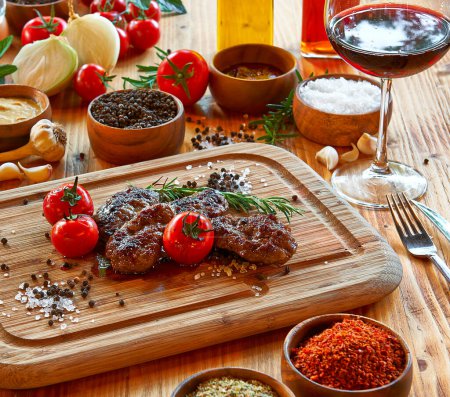 Téléchargez les photos : Griller la viande sur la planche à découper fond de tomate et d'épices, manger délicieux. - en image libre de droit