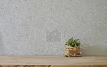 Foto de Jarrón de planta frente a la pared de piedra gris, estilo mesa de madera. - Imagen libre de derechos