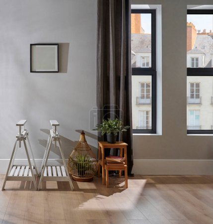 Foto de Estilo moderno de la habitación del hogar, pared gris, cortina marrón, marco y concepto de casa botánica. - Imagen libre de derechos