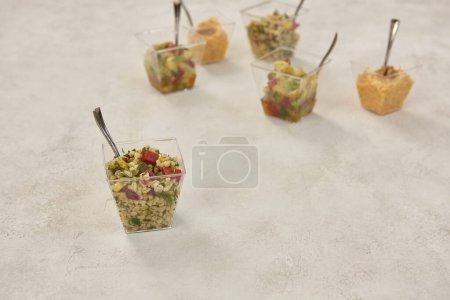 Photo for Potato and carrot salad, engagement dinner presentation on the table style, portion. - Royalty Free Image