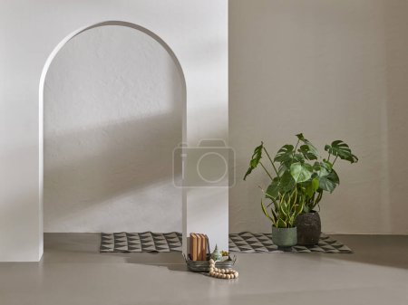 Foto de Fondo de pared marrón y verde estilo interior, jarrón botánico de decoración de plantas y alfombras. - Imagen libre de derechos