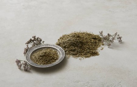 Photo for Thyme herb close up and on the decorative background table style with spoon and silver plate. - Royalty Free Image