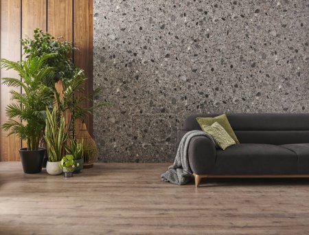 Photo for Home concept interior style, wall background wooden and grey marble, frame, sofa furniture, brown parquet style. - Royalty Free Image