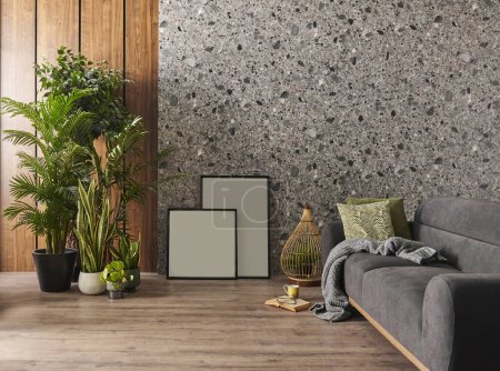 Foto de Inicio concepto de estilo interior, fondo de pared de madera y mármol gris, marco, muebles de sofá, estilo parquet marrón. - Imagen libre de derechos