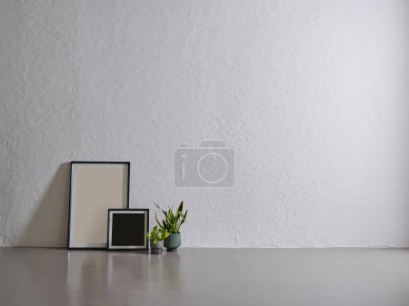 Photo for Grey stone wall background, frame, vase of green plant, sofa armchair blanket style, modern room. - Royalty Free Image