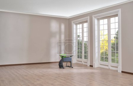 Foto de Habitación vacía, pared, ventana, estilo parquet, concepto de interior, área para muebles sofá mesa alfombra decoración. - Imagen libre de derechos