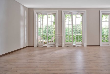 Foto de Habitación vacía, pared, ventana, estilo parquet, concepto de interior, área para muebles sofá mesa alfombra decoración. - Imagen libre de derechos