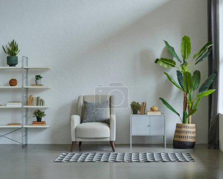 Photo for Grey stone wall background room interior concept, sofa, furniture, vase of plant, city view, carpet, decoration modern decor style. - Royalty Free Image