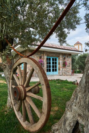 Foto de Casa de piedra, ventana decorativa, jardín, silla y mesa de madera, olivo, exterior. - Imagen libre de derechos