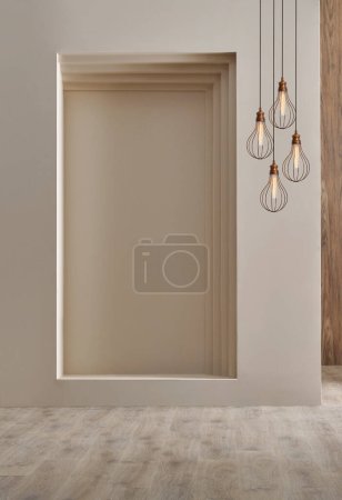 Foto de Lamp and decorative wall background room concept, brown and carpet parquet floor, interior design. - Imagen libre de derechos