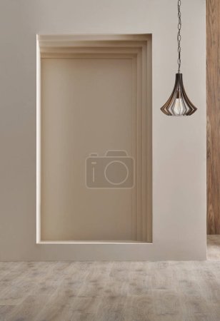 Téléchargez les photos : Lamp and decorative wall background room concept, brown and carpet parquet floor, interior design. - en image libre de droit
