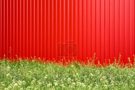 Téléchargez les photos : Profilé en tôle rouge métallique comme clôture, garde, protection - en image libre de droit