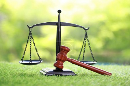 Gerichtswaage als Urteilssymbol mit Anwaltshammer auf grünem Gras und Natur frisch wie Gartenblick auf Gerichtssaal.