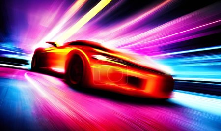 Foto de Furioso coche deportivo de estilo en la carretera de neón. Potente aceleración de super coches en pistas nocturnas con luces y pistas de colores. - Imagen libre de derechos