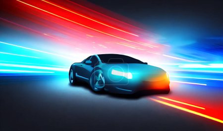 Photo for Furious style sports car on neon highway. Powerful acceleration of super cars on night tracks with colorful lights and tracks. - Royalty Free Image