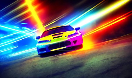 Furious Stil Sportwagen auf Neon Highway. Starke Beschleunigung von Supersportwagen auf Nachtstrecken mit bunten Lichtern und Gleisen.