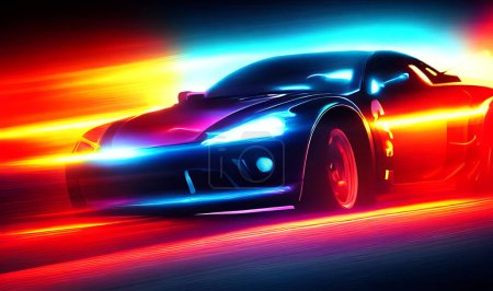 Téléchargez les photos : Furieux style voiture de sport sur l'autoroute néon. Accélération puissante des super voitures sur les pistes de nuit avec des lumières colorées et des pistes. - en image libre de droit