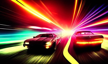 Téléchargez les photos : Furieux style voiture de sport sur l'autoroute néon. Accélération puissante des super voitures sur les pistes de nuit avec des lumières colorées et des pistes. - en image libre de droit