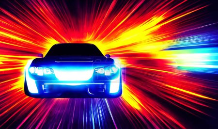 Furious style sports car on neon highway. Powerful acceleration of super cars on night tracks with colorful lights and tracks.