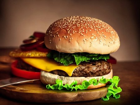 Téléchargez les photos : Hamburger maison délicieux frais et gastronomique. Hamburger gastronomique grillé. Cuisine américaine Fast food. - en image libre de droit