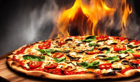 Téléchargez les photos : Une pizza. Cuisine italienne traditionnelle fast food. Gourmet pizza maison fraîche délicieuse. Une collation européenne. Concept flyer et affiche pour pizzerias ou restaurants. - en image libre de droit
