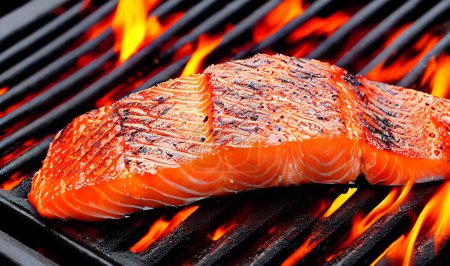 Téléchargez les photos : Du saumon grillé. Alimentation saine : Plat de poisson chaud. Saumon grillé frais juteux épais aromatisé aux épices. - en image libre de droit