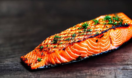 Photo for Grilled salmon. Healthy food: Hot fish dish. Thick juicy fresh grilled salmon flavored with spices. - Royalty Free Image