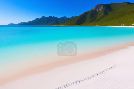 Photo for Golden sand with blue ocean. Beautiful tropical beach. White sand tropical paradise beach background summer vacation concept. Sea water against a white cloudy blue sky. Copy space. - Royalty Free Image