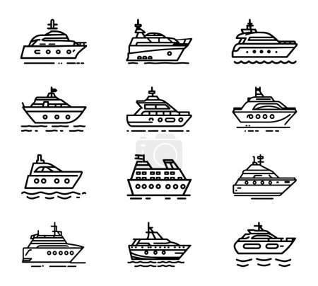 Téléchargez les illustrations : Yacht, icône prête. yachts bateaux à moteur, icônes linéaires. Illustration vectorielle d'icône de bateau. - en licence libre de droit
