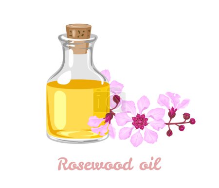 Ilustración de Aceite esencial de palo de rosa en botella de vidrio y flores rosas. Ilustración de dibujos animados vector floral. - Imagen libre de derechos