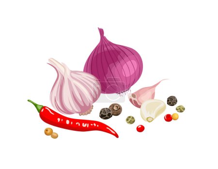Illustration for Heaps of hot spices isolated on white. Onion, garlic, chili, peppercorn and allspice. Vector cartoon food illustration. - Royalty Free Image