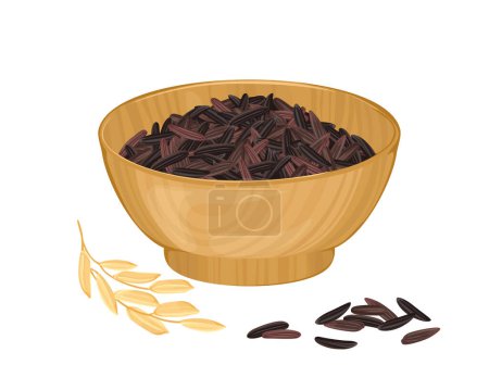 Dark wild rice heap in wooden bowl isolated on white background. Vector cartoon illustration of rice seed. Healthy food icon.