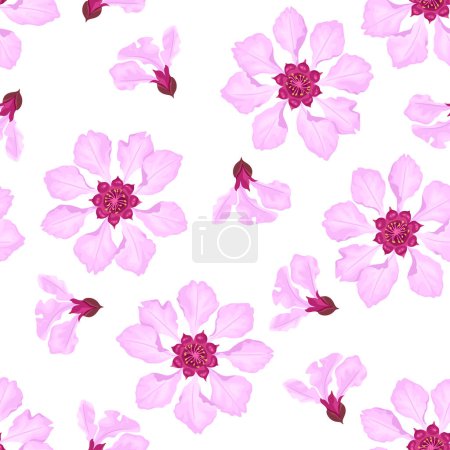 Ilustración de Fondo floral. Flores rosadas aisladas en blanco. Patrón sin costura botánica. Dibujos animados vectoriales ilustración - Imagen libre de derechos