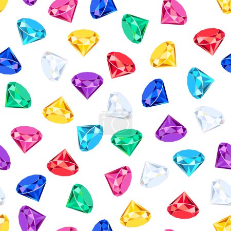 Illustration for Seamless pattern with bright colorful gems. Diamonds background. Vector cartoon flat illustration of jewels. - Royalty Free Image