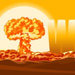 No war concept. Nuclear Bomb Explosion. Vector cartoon illustration of Atomic bomb and mushroom clouds. 