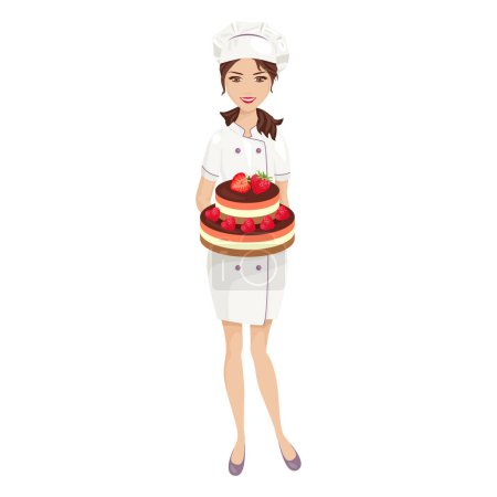 Woman confectioner in uniform isolated on white background. Pastry chef is holding mousse cake with strawberry. Vector cartoon illustration.