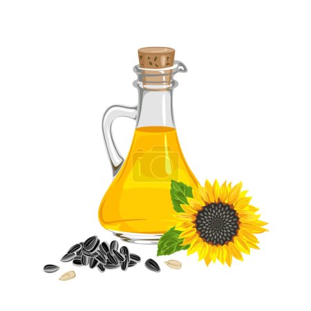 Sunflower seed oil in glass bottle isolated on white background. Vector cartoon illustration of healthy food.