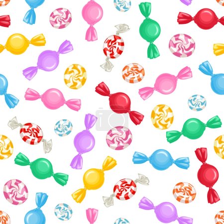 caramelos multicolores patrón sin costura. Fondo con dulces en envolturas de colores brillantes y remolino de caramelos duros en blanco. Dibujos animados vectoriales ilustración.