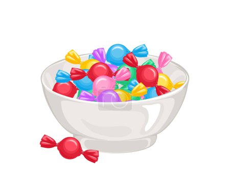 Téléchargez les illustrations : Bonbons dans des emballages colorés dans un bol. Illustration vectorielle de bonbons lumineux. - en licence libre de droit