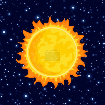 Illustration for Sun in dark starry sky. Solar System. Vector cartoon illustration. Bright star in space. - Royalty Free Image