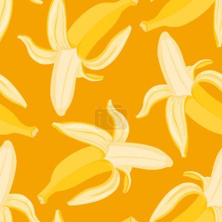 Illustration for Bananas seamless pattern. Vector cartoon illustration of peeled bananas on yellow background. - Royalty Free Image
