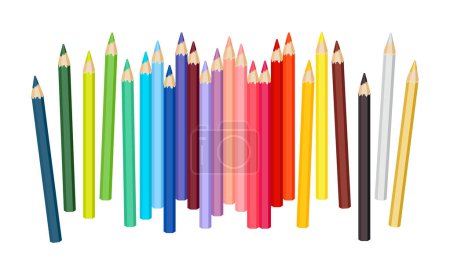 Téléchargez les illustrations : Crayons de couleur sont dispersés sur fond blanc. Ensemble de crayons lumineux pour le dessin. Illustration plate de dessin animé vectoriel sur les fournitures scolaires. - en licence libre de droit