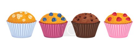 Set de diferentes magdalenas aisladas sobre fondo blanco. Chocolate, frambuesa, arándanos y pastel de avena. Dibujos animados vectoriales ilustración de pasteles dulces frescos.