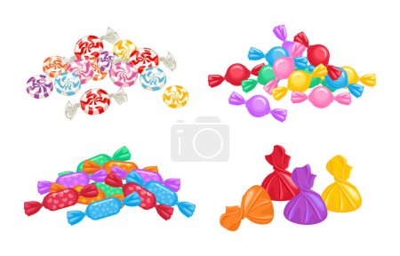 Conjunto de montones de caramelos en coloridas envolturas. Ilustración vectorial de dulces brillantes.