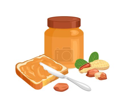 Beurre d'arachide étalé sur un morceau de pain grillé, couteau, bocal en verre et tas de noix isolé sur fond blanc. Illustration vectorielle en dessin animé style plat.